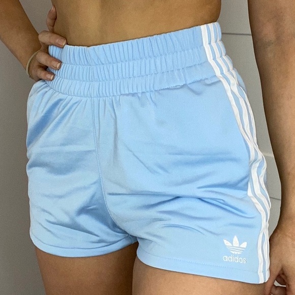 Adidas Baby Blue Three Stripe High Waisted Shorts - Picture 2 of 4